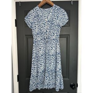 Rails Kiki Dress Midi Blue White V Neck Ruffle Short Sleeve Size Small NWT